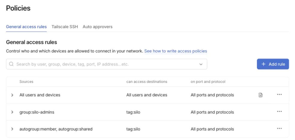 The General access rules tab listing the default rule, a rule from group to tag, and a rule from autogroup and autogroup to tag.