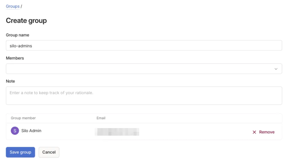 The Create group form in the Tailscale admin console, with the group name silo-admins and one member.