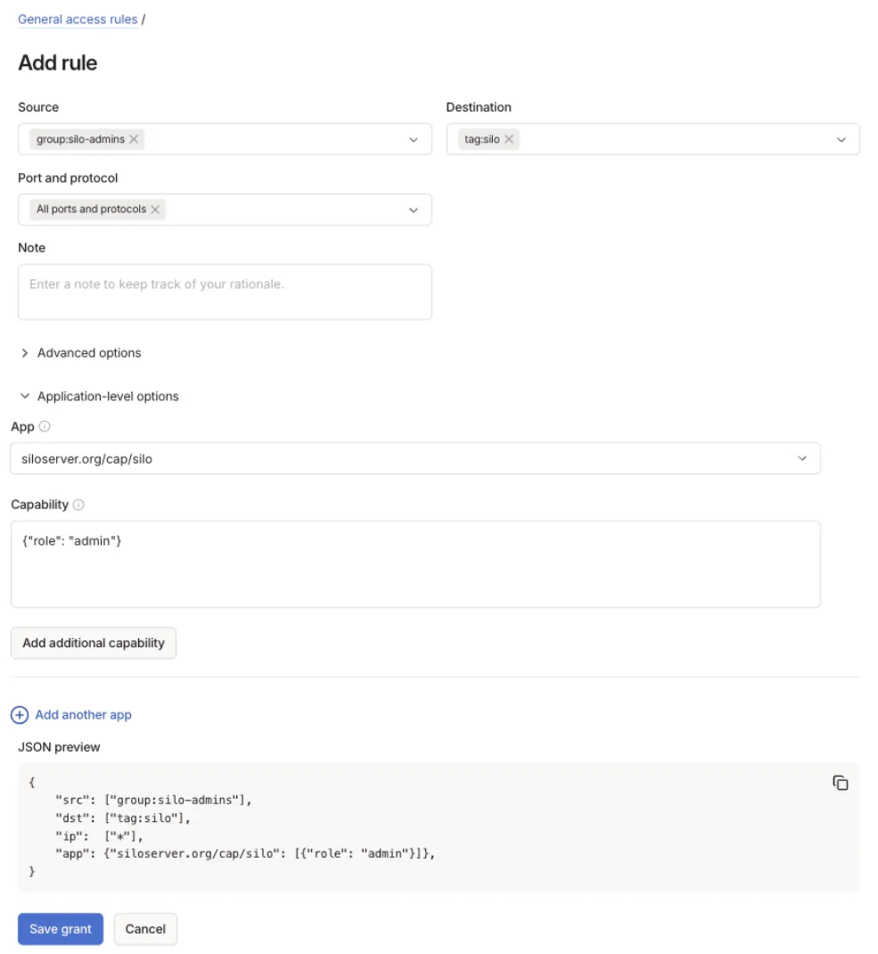 The Add rule form with source group, destination tag, app siloserver.org/cap/silo, and capability role admin. The JSON preview shows the matching grant.