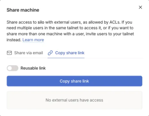 The Share machine dialog for silo, on the Copy share link tab, with the Reusable link switch and the Copy share link button.
